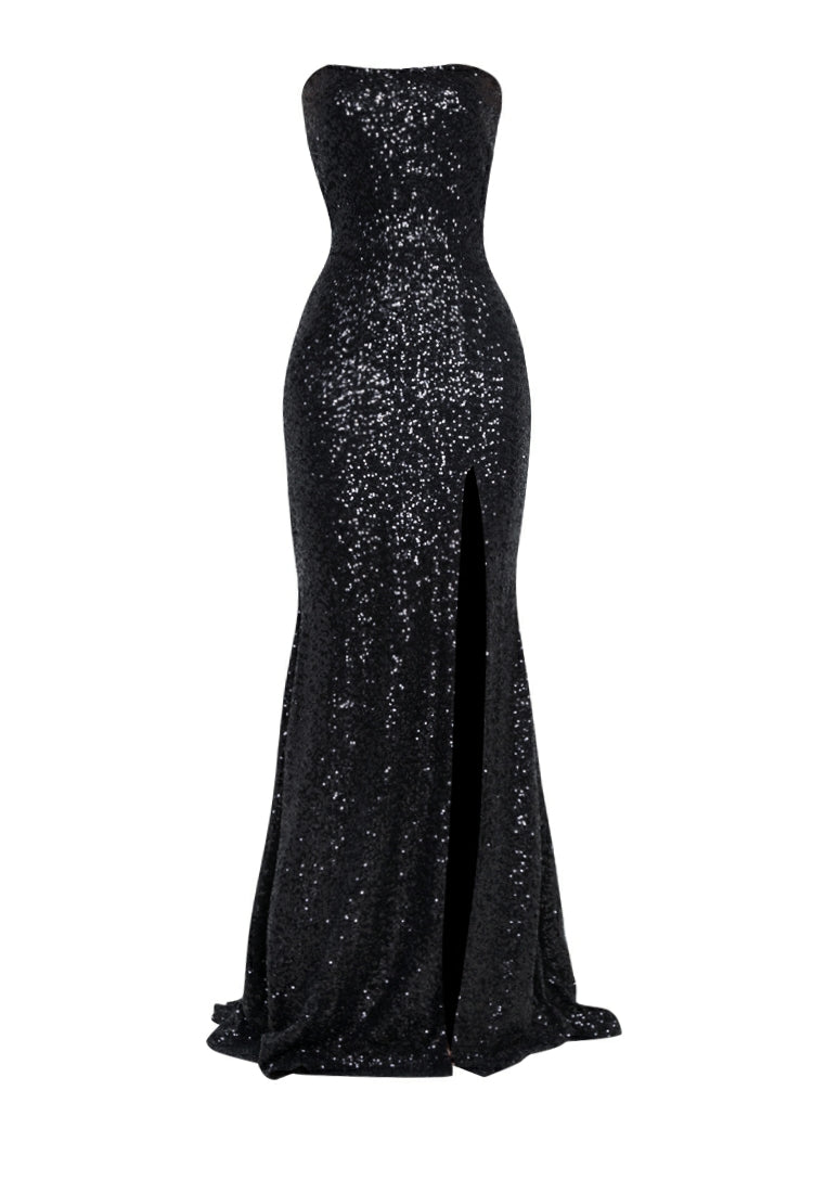 Bandeau Tail Long Dress in Black Sequined