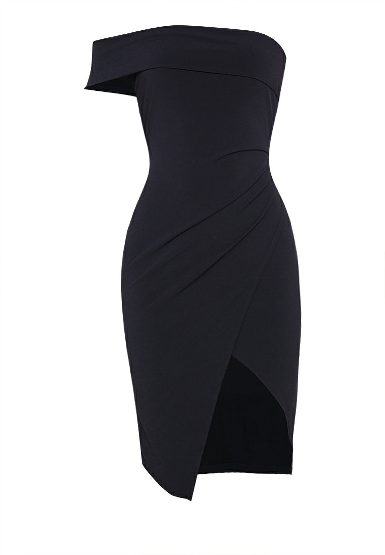 One-shoulder Wrap Bodycon Dress in Black