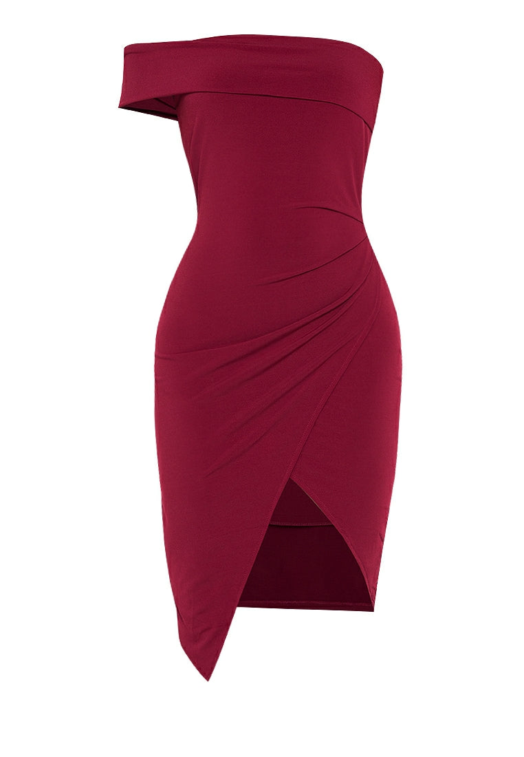 One-shoulder Wrap Bodycon Dress in Maroon