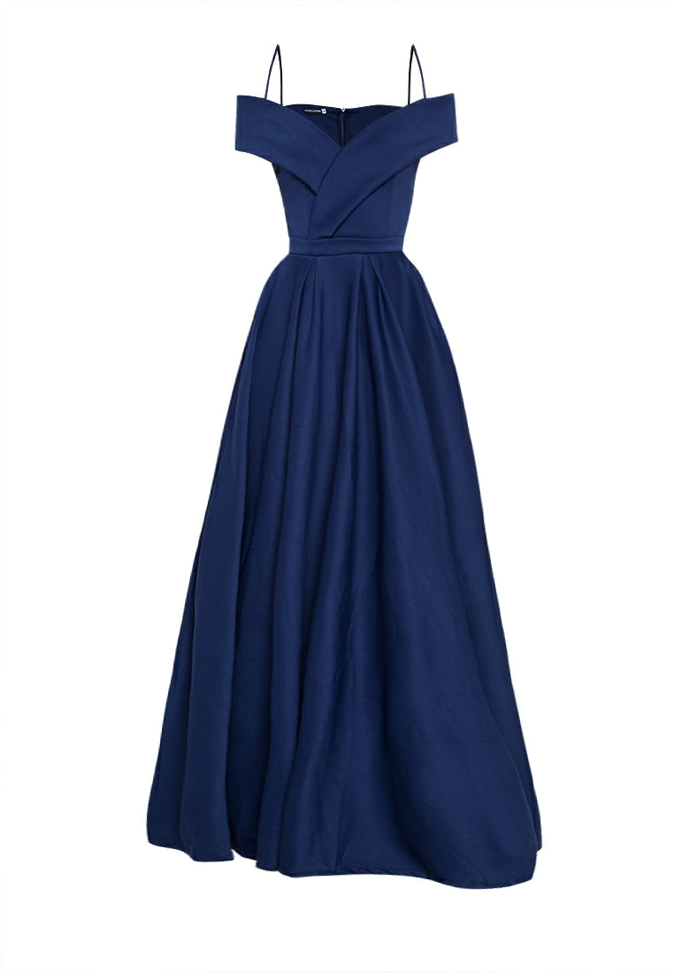 Off-the-Shoulder High-Slit Gown in Navy Blue