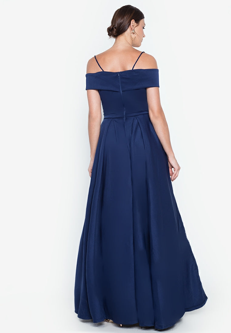 Off-the-Shoulder High-Slit Gown in Navy Blue