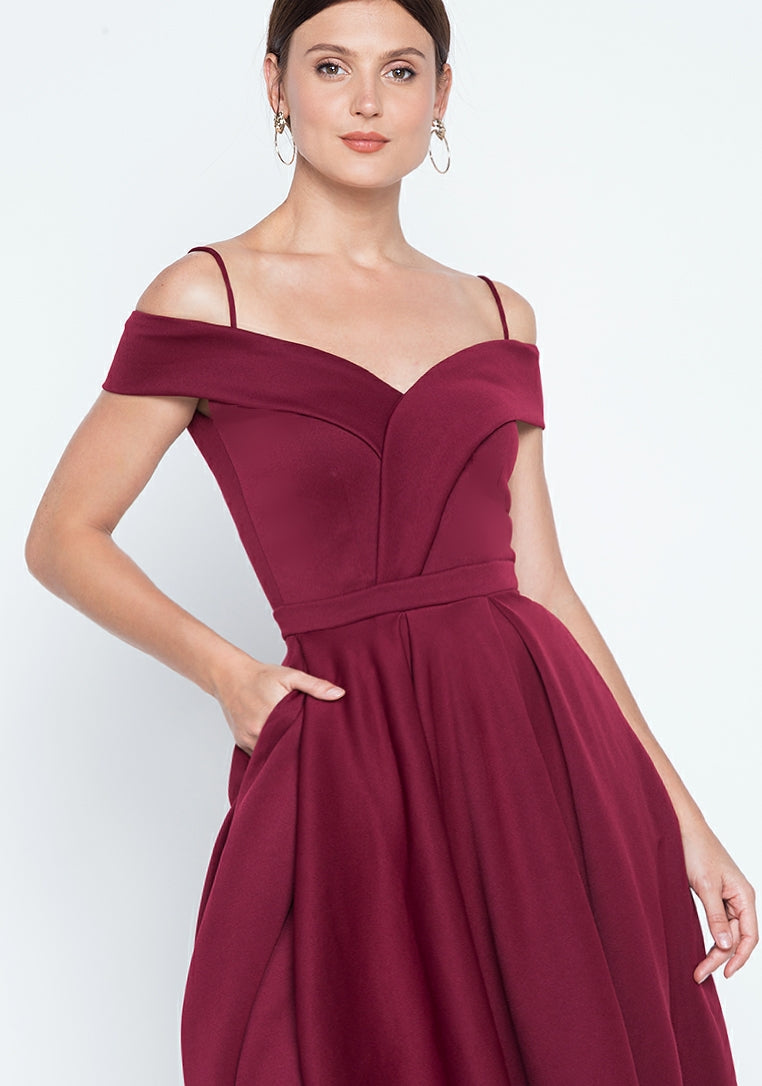 Off-the-Shoulder High-Slit Gown in Maroon