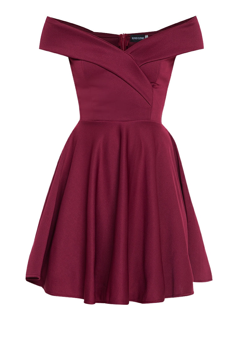 Off-the-Shoulder Wrap Mini Dress in Maroon