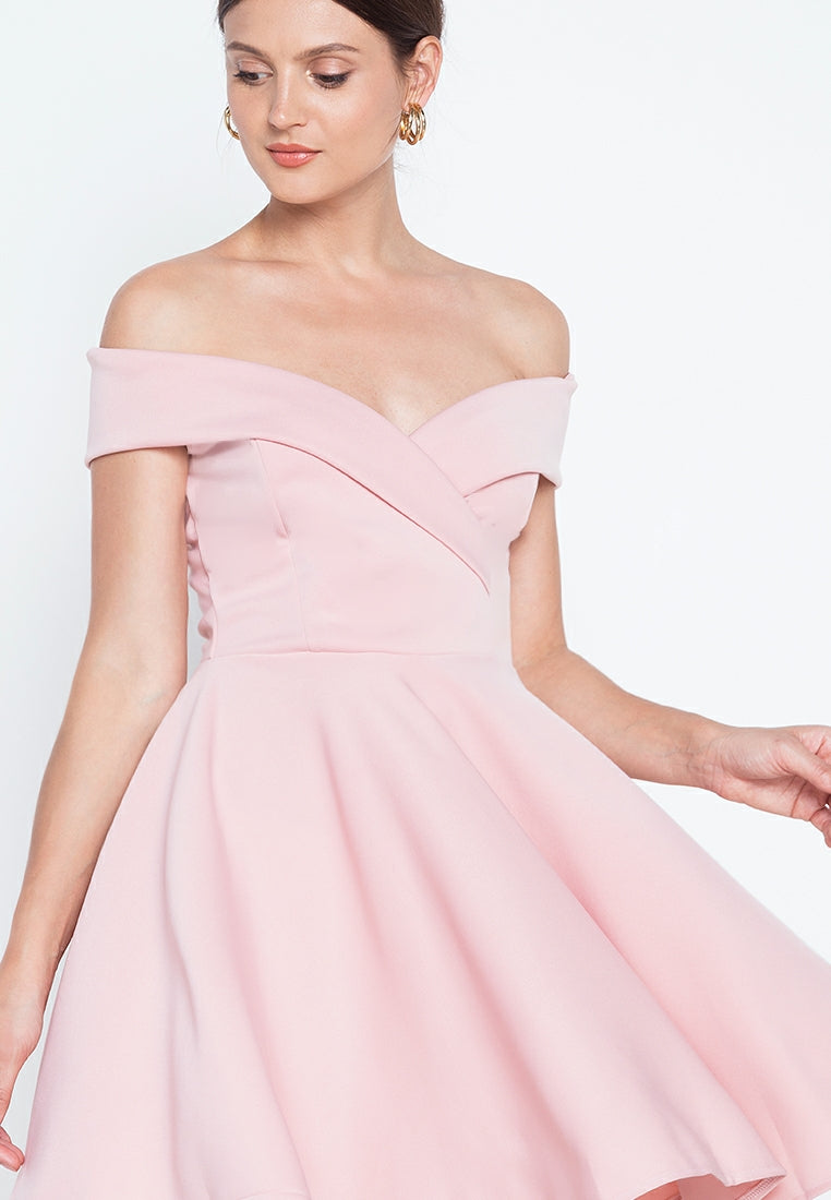 Off-the-Shoulder Wrap Mini Dress in Dusty Pink