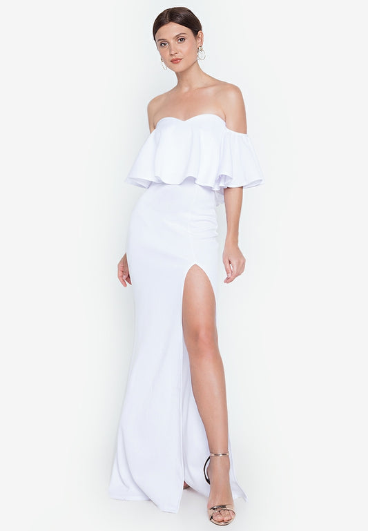 Off-the-Shoulder Frill Maxi Dress in White