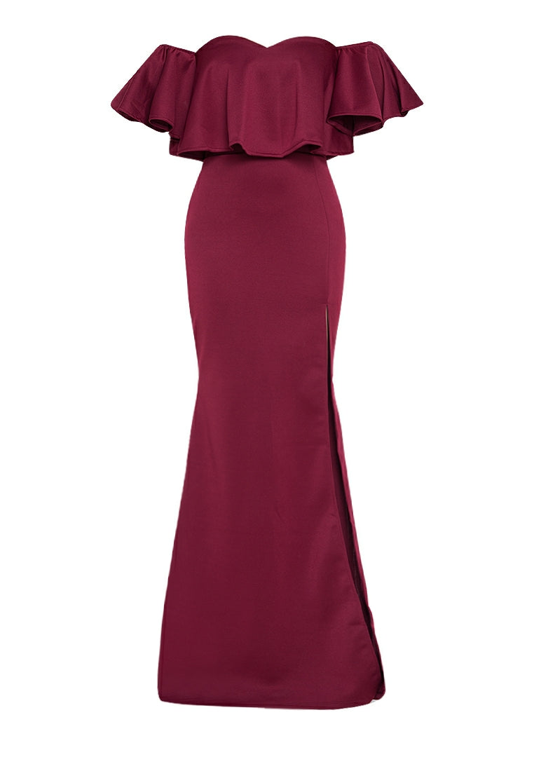 Off-the-Shoulder Frill Maxi Dress in Maroon