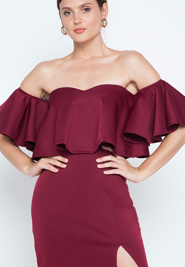 Off-the-Shoulder Frill Maxi Dress in Maroon