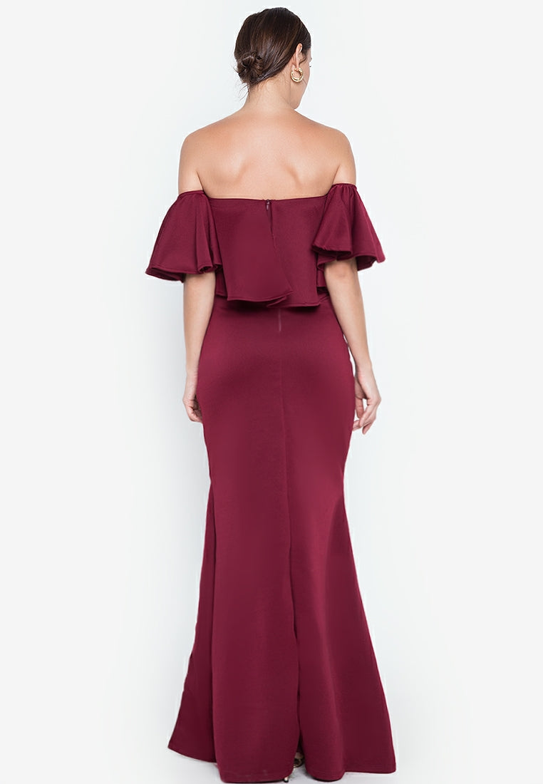Off-the-Shoulder Frill Maxi Dress in Maroon