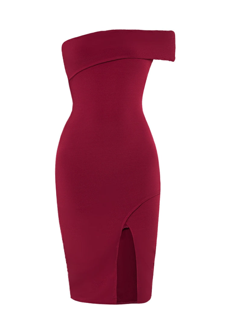 Half Shoulder Wrap Dress in Maroon