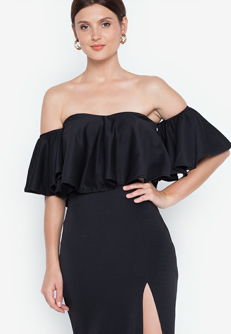 Off-the-Shoulder Frill Maxi Dress in Black