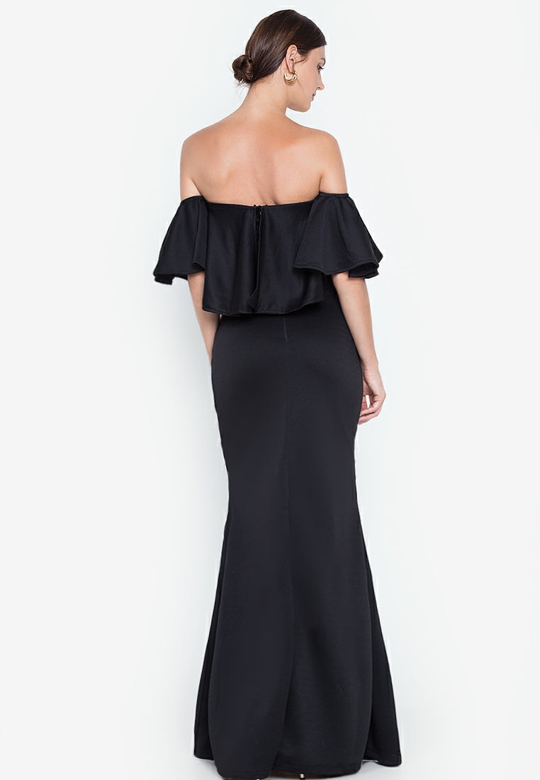 Off-the-Shoulder Frill Maxi Dress in Black