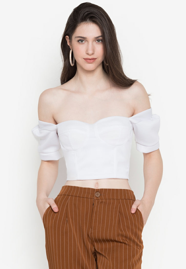 Puff-Sleeved Bustier Crop Top in White