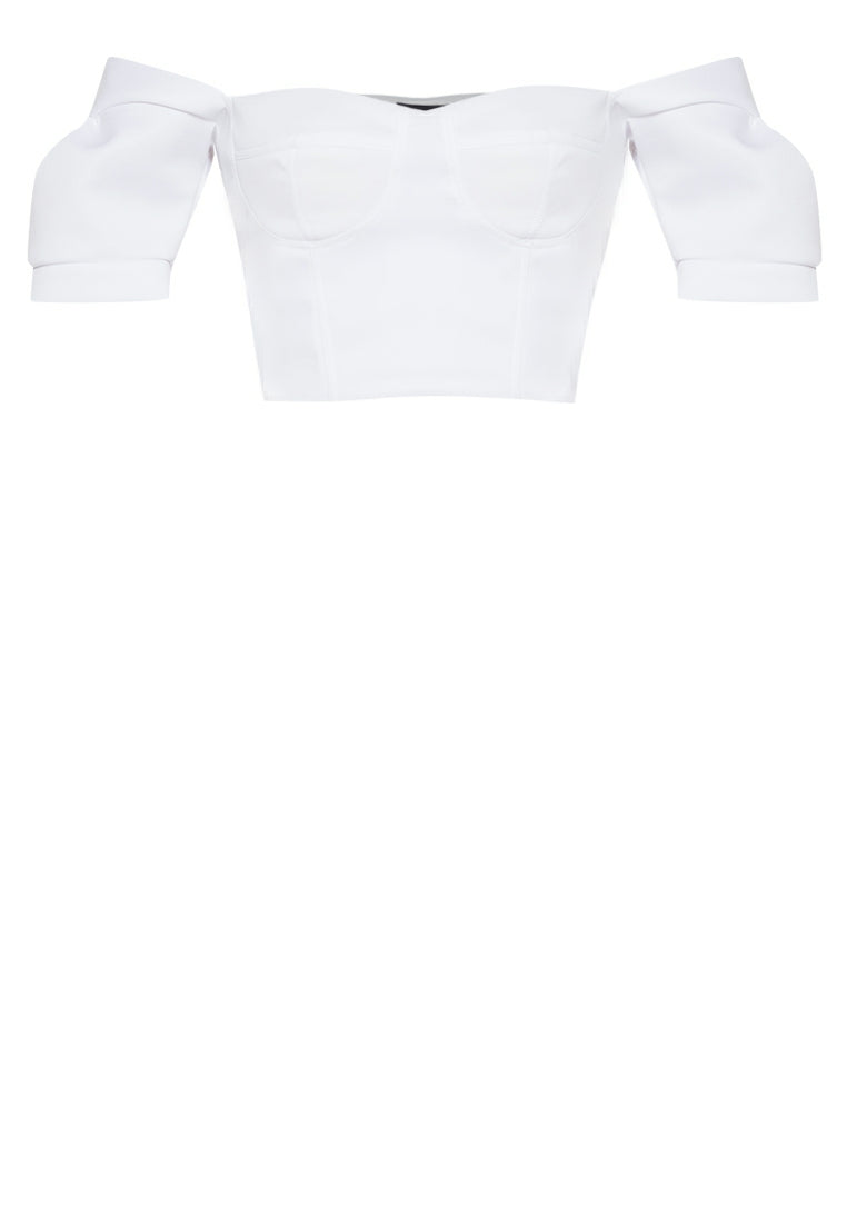 Puff-Sleeved Bustier Crop Top in White
