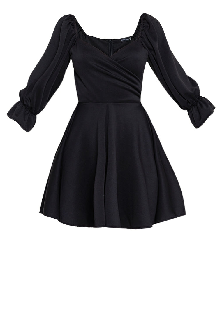 Wrap Puff Sleeved Dress in Black