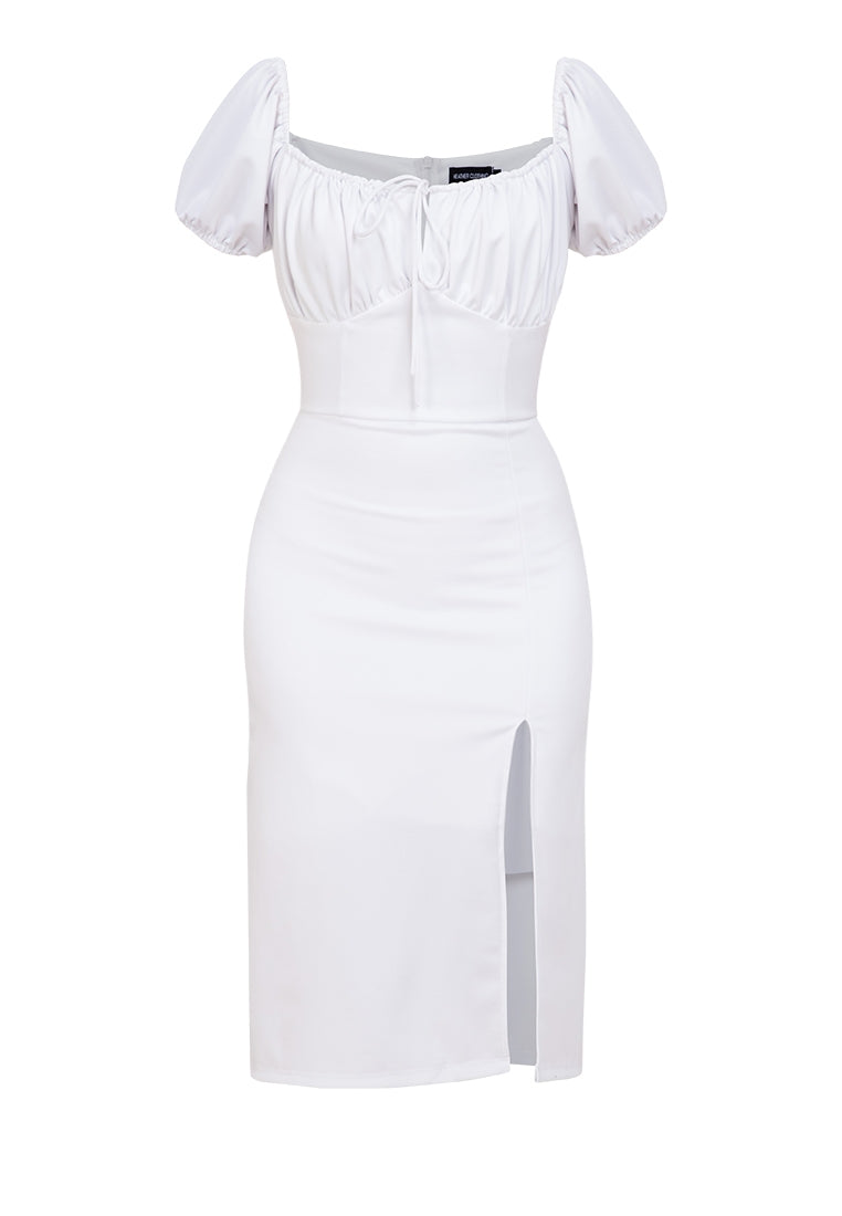 Puff-Sleeved Midi Dress in White