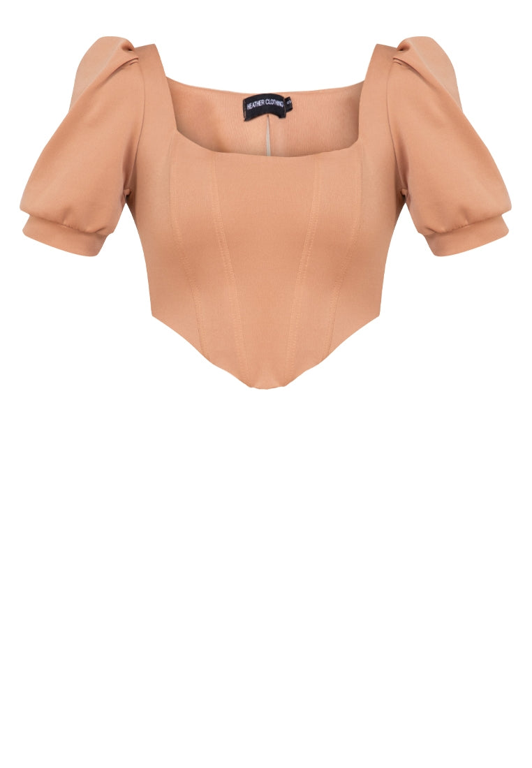 Square-Neck Puff-Sleeved Corset in Mocha
