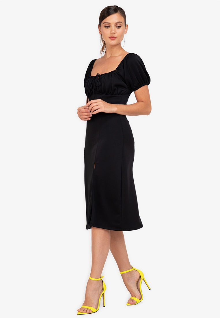 Puff-Sleeved Midi Dress in Black