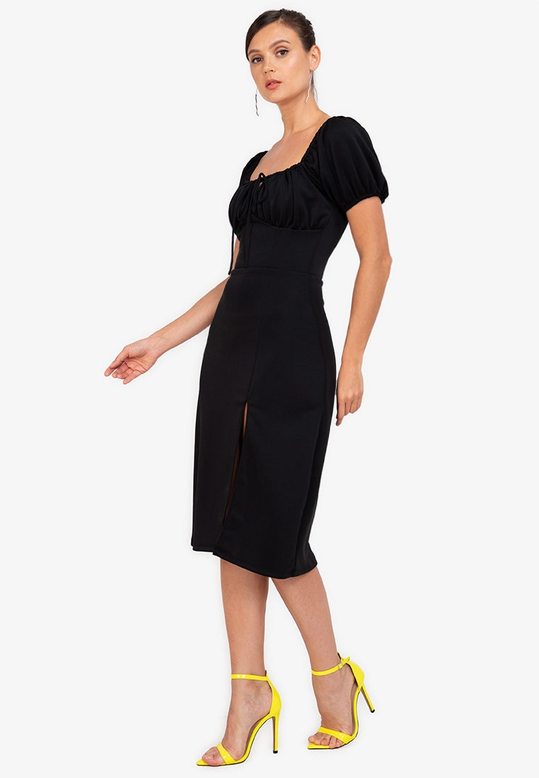 Puff-Sleeved Midi Dress in Black