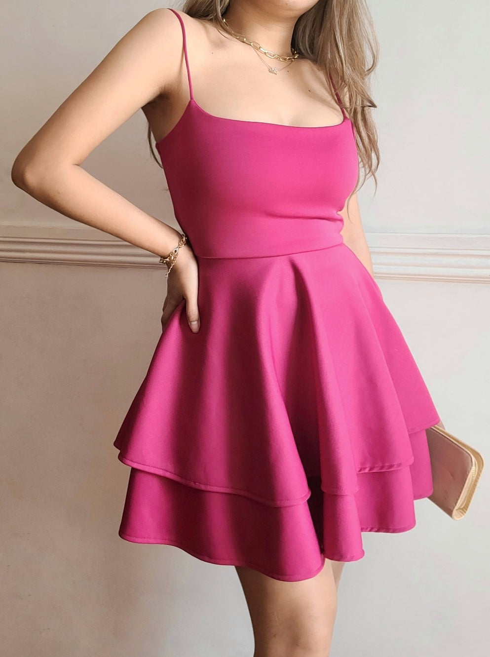 Double Layer Skater Dress in Fuchsia Pink