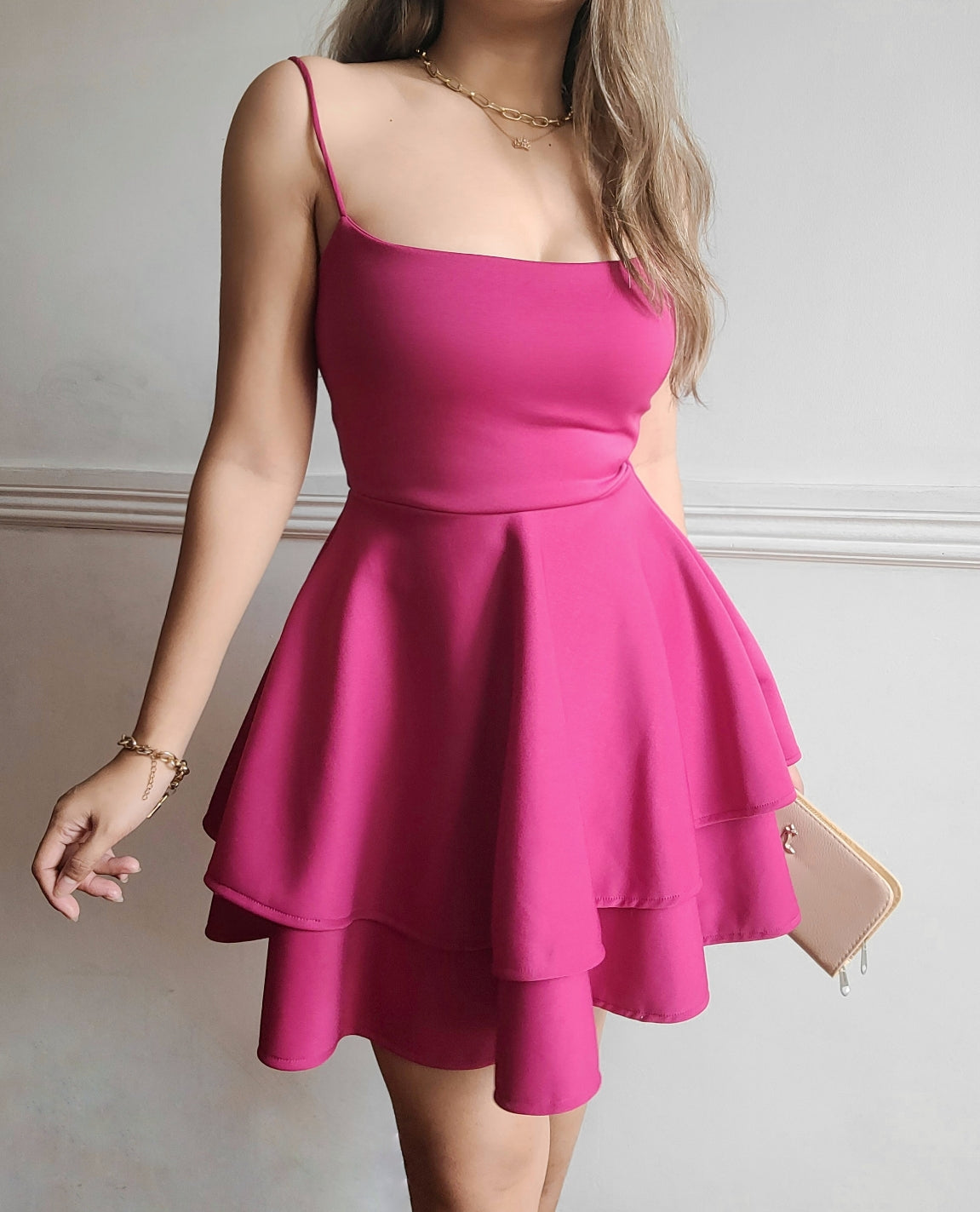 Double Layer Skater Dress in Fuchsia Pink