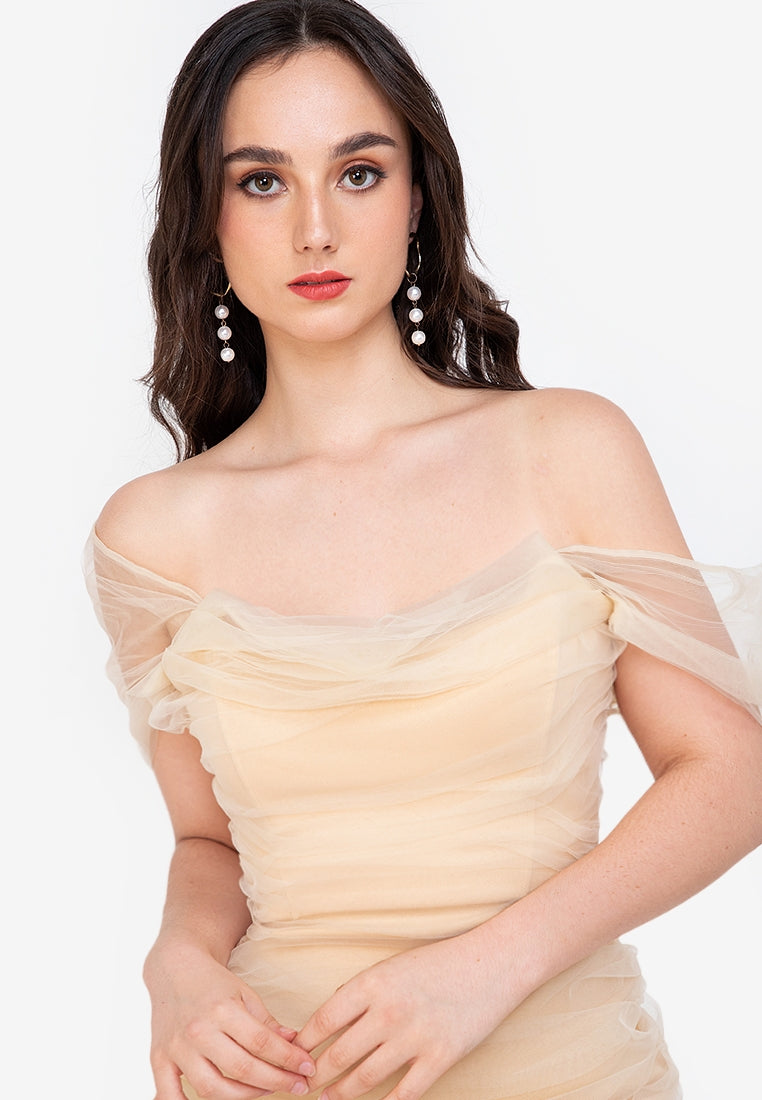 Ruched Mesh Corset Midi Dress in Nude