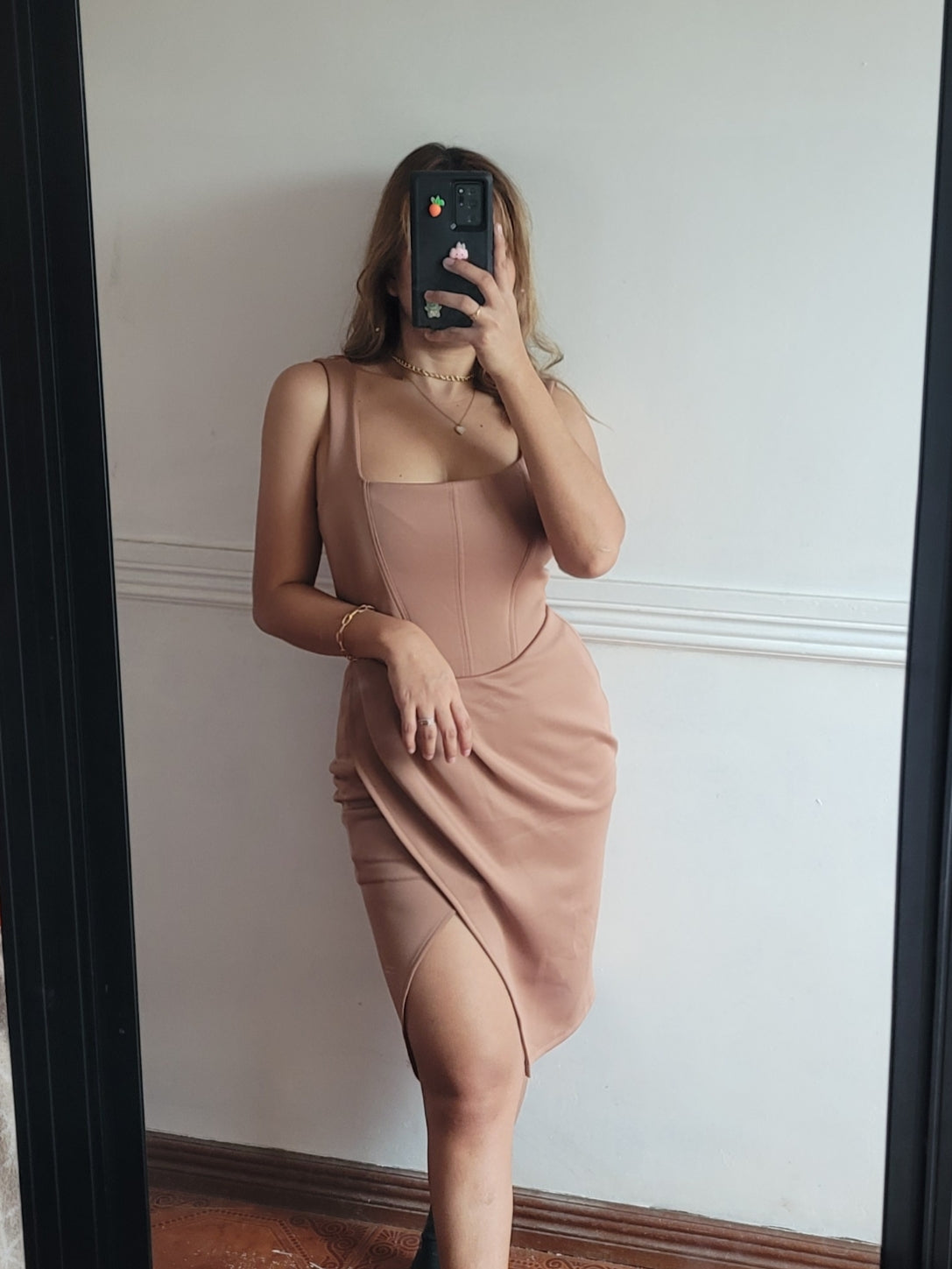 Squareneck Wrap Midi Dress in Mocha