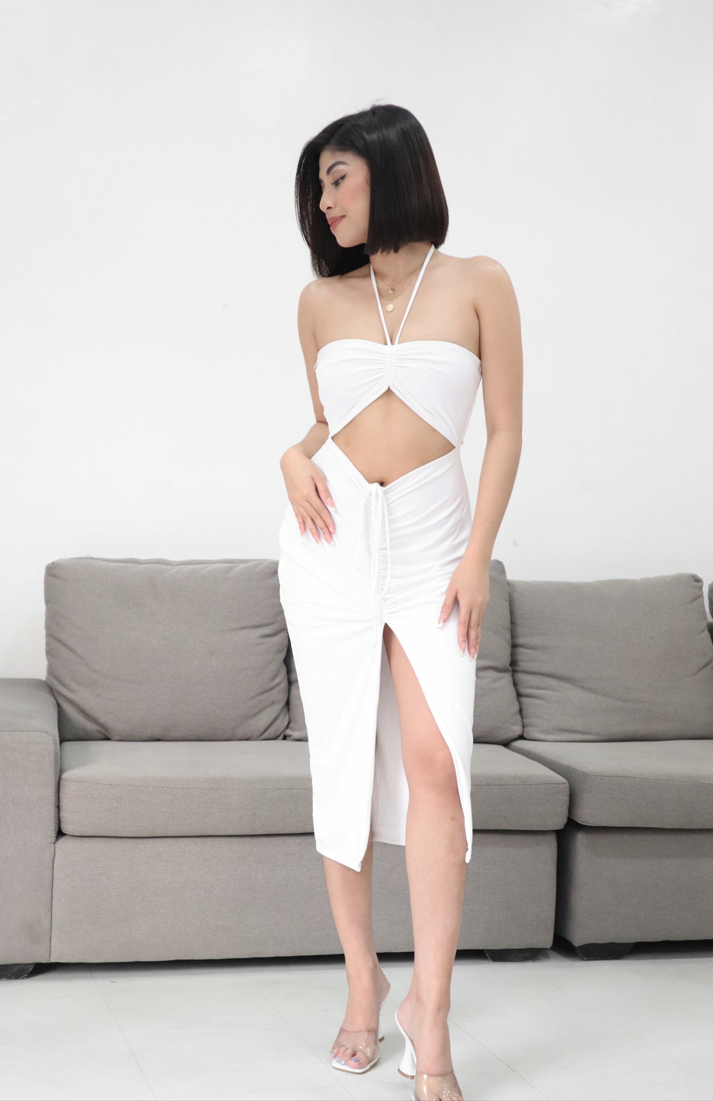 Cut Out Drawstring Midi Dress in White