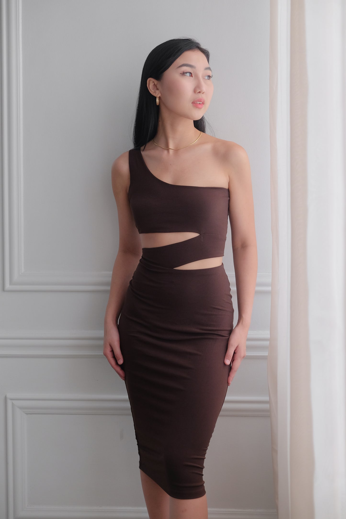 Heather Clothing Heidi Cut-out Midi Bodycon Dress in Chocolate