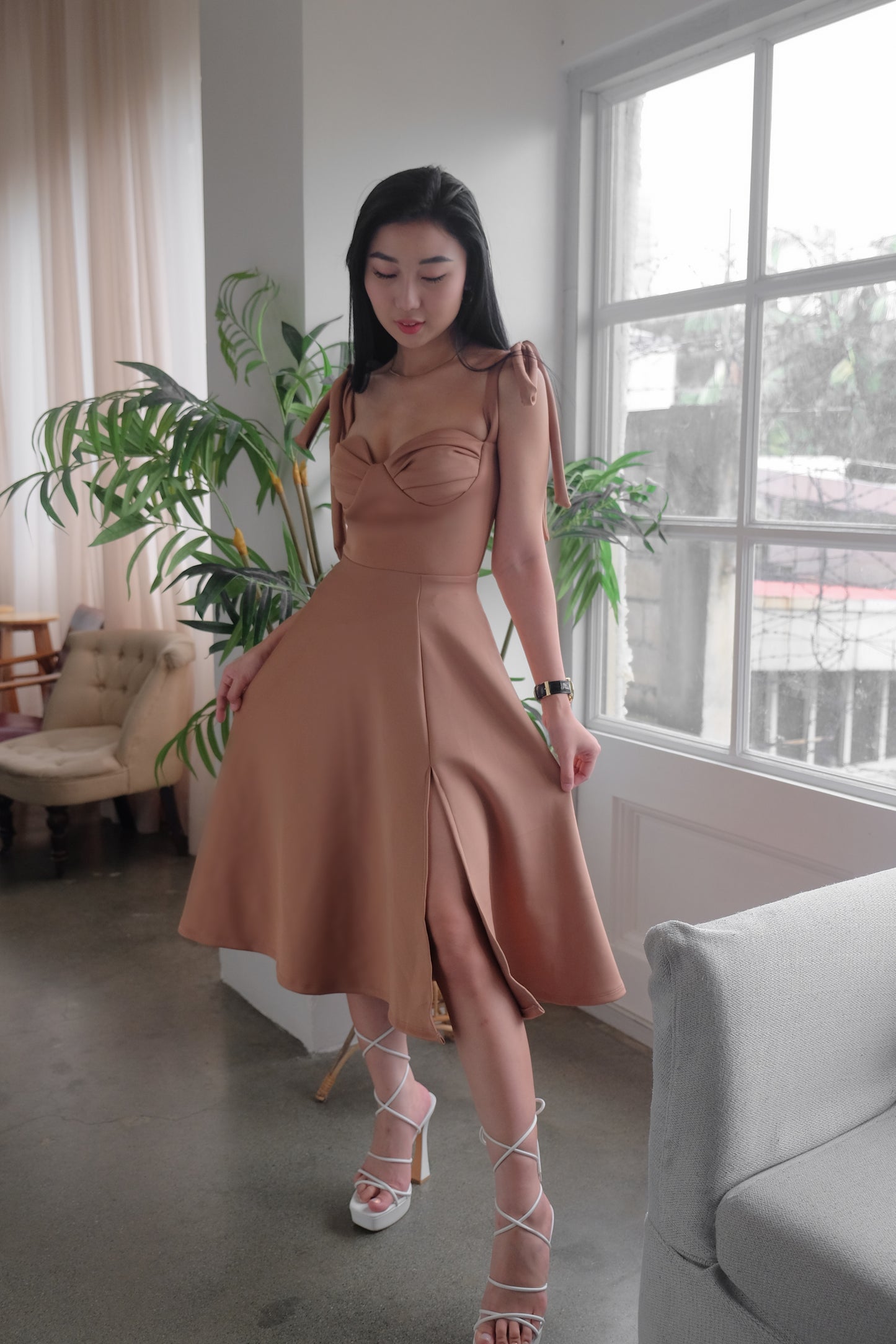 Heather Clothing Kailani Bustier Midi Dress in Mocha