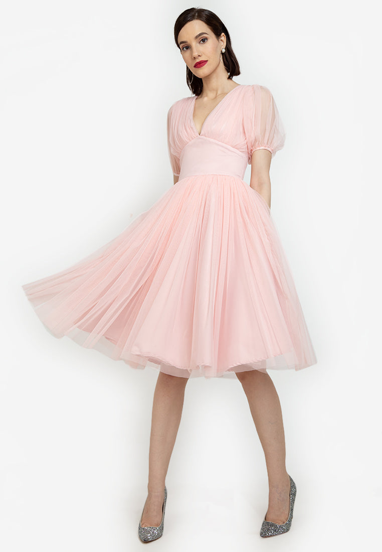 Puff-Sleeved Plunging Mesh Dress