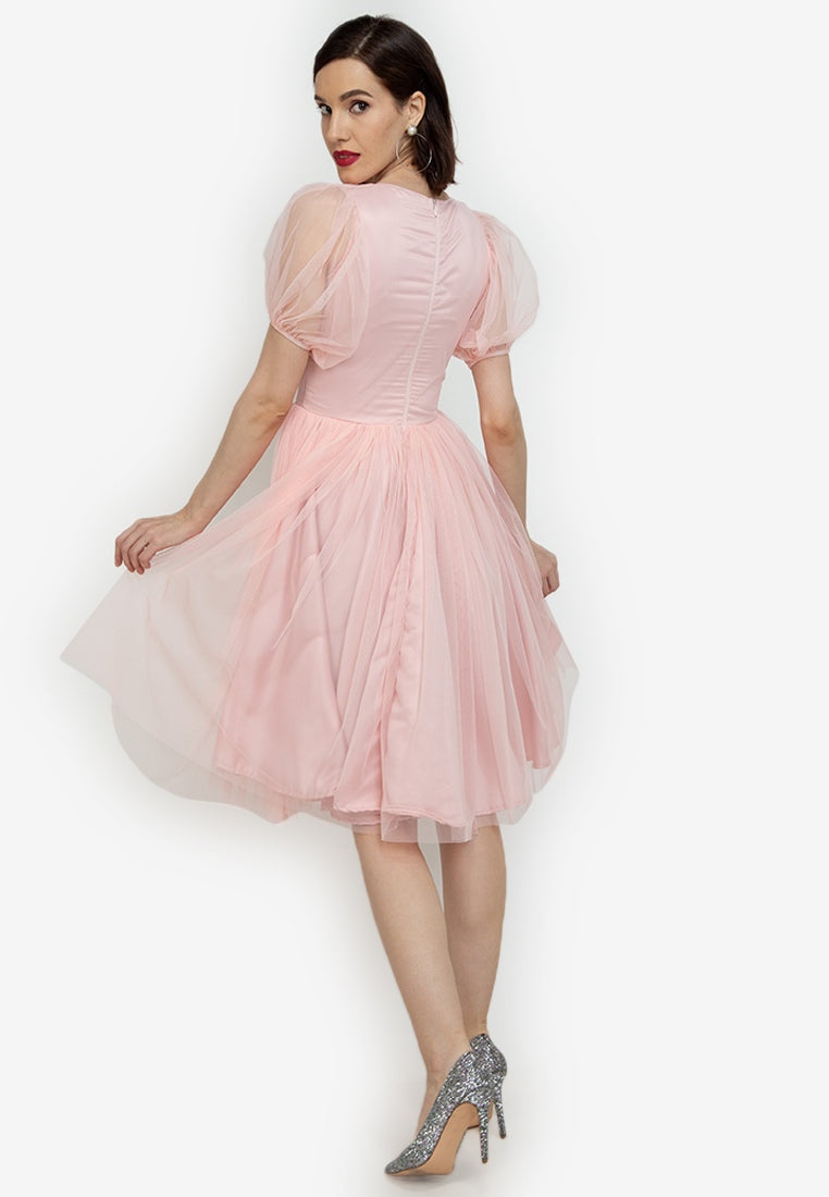 Puff-Sleeved Plunging Mesh Dress