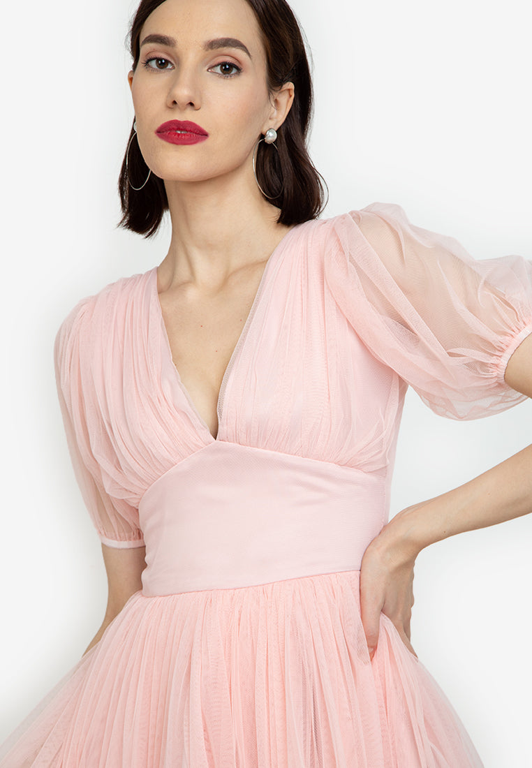 Puff-Sleeved Plunging Mesh Dress