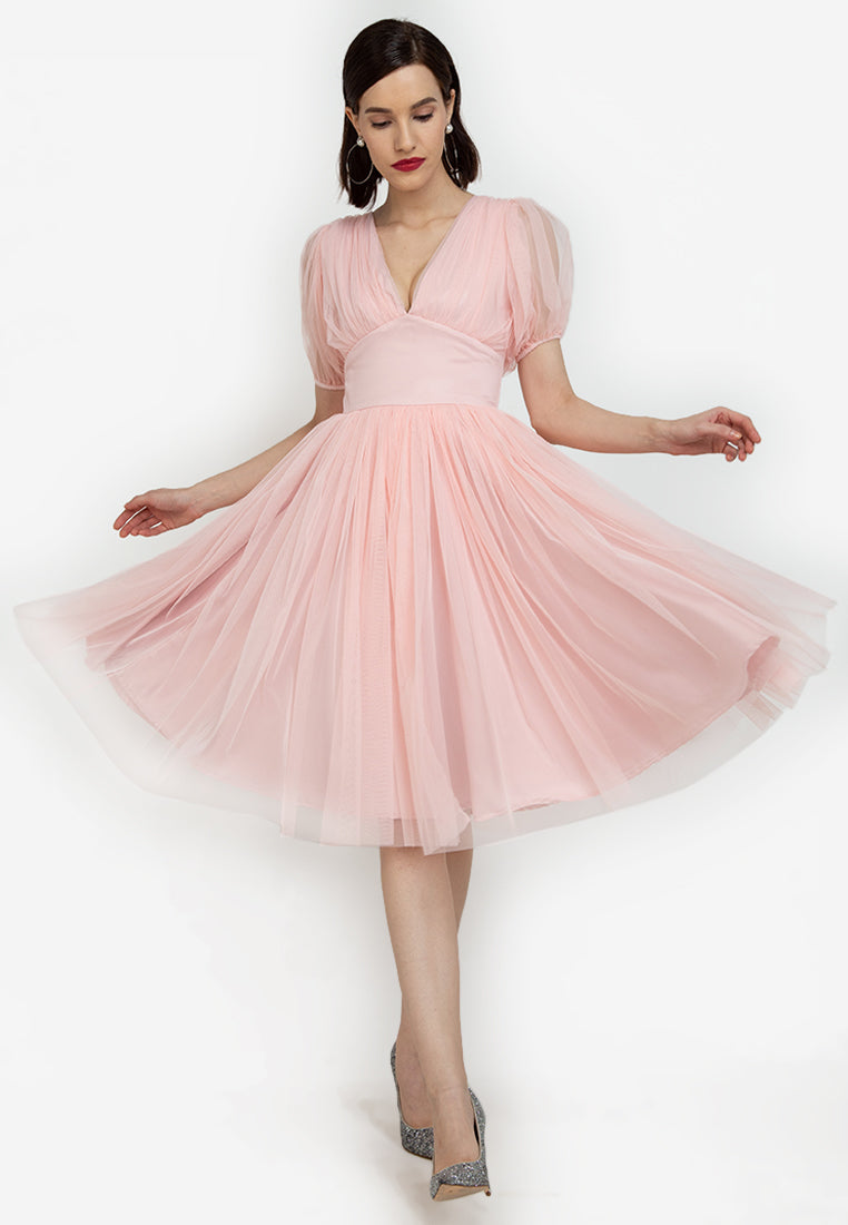 Puff-Sleeved Plunging Mesh Dress