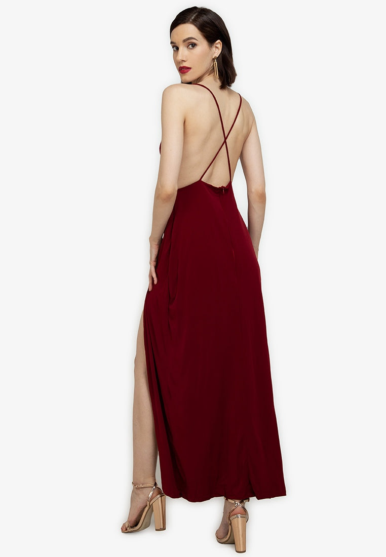 Cowl Neck Backless Maxi Dress in Maroon