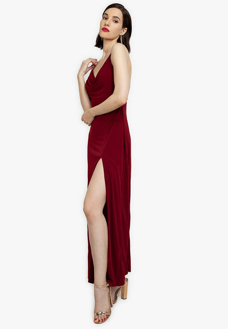 Cowl Neck Backless Maxi Dress in Maroon