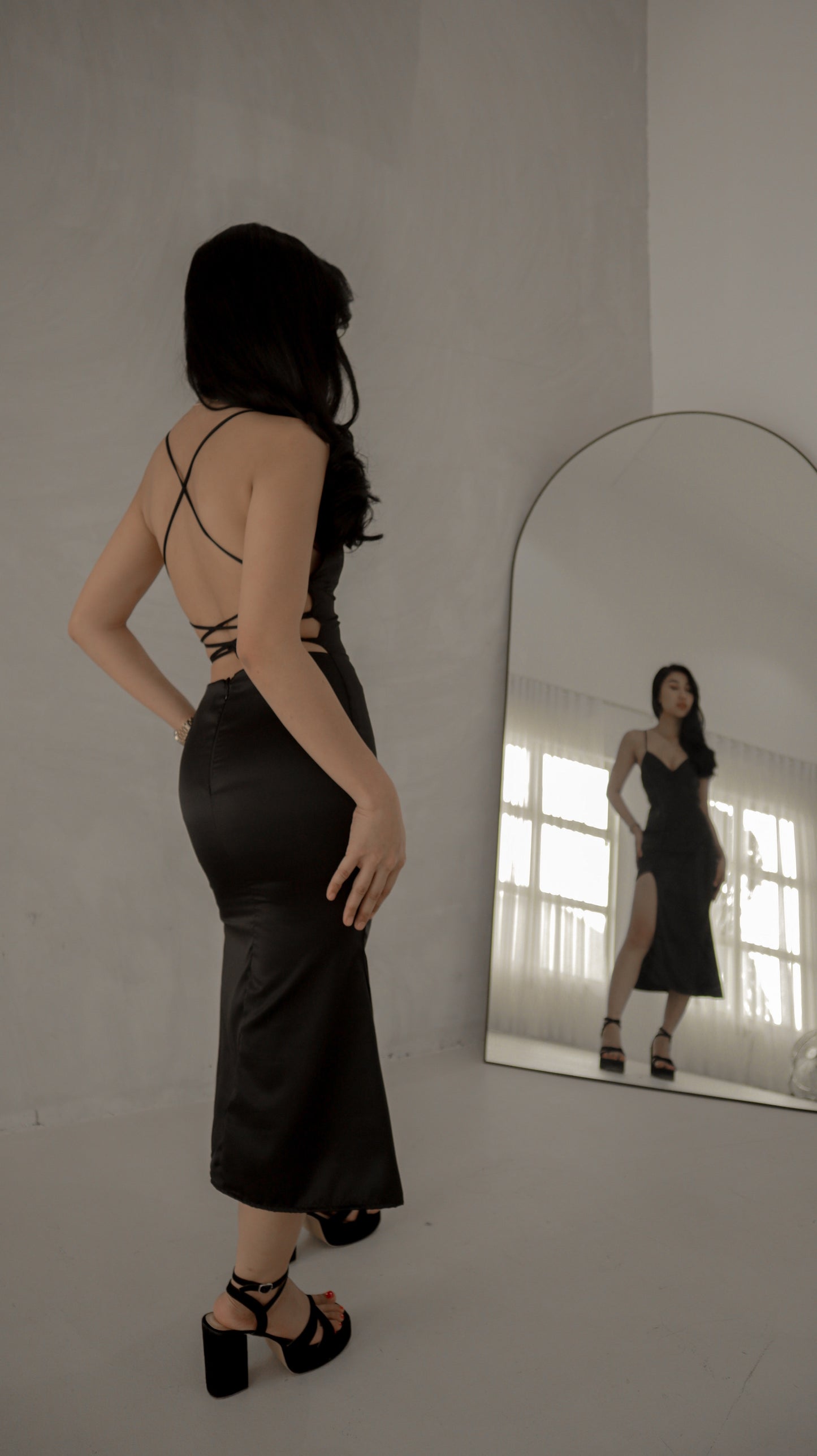 Tiffany Plunging Satin Midi Dress in Black
