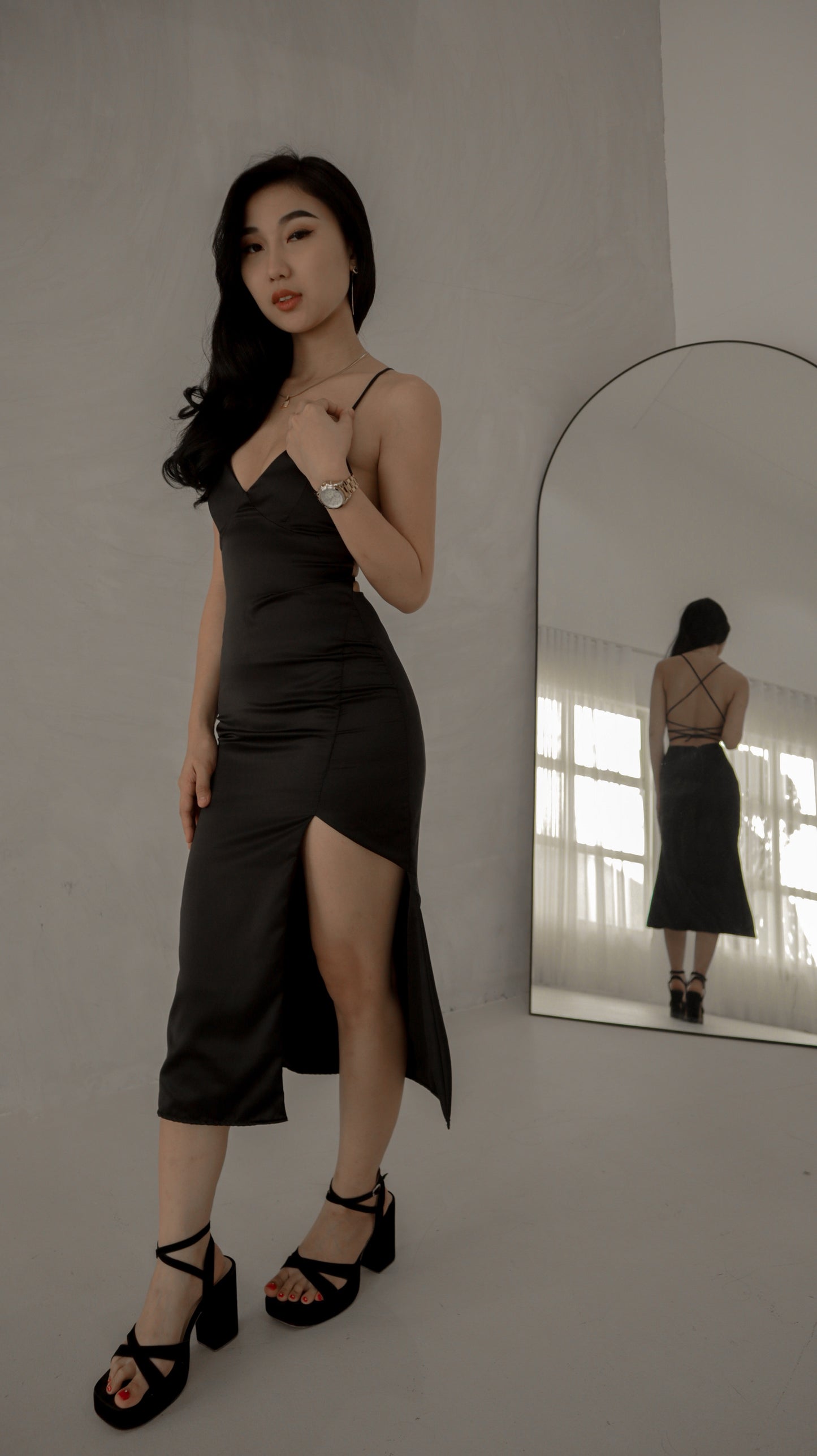 Tiffany Plunging Satin Midi Dress in Black