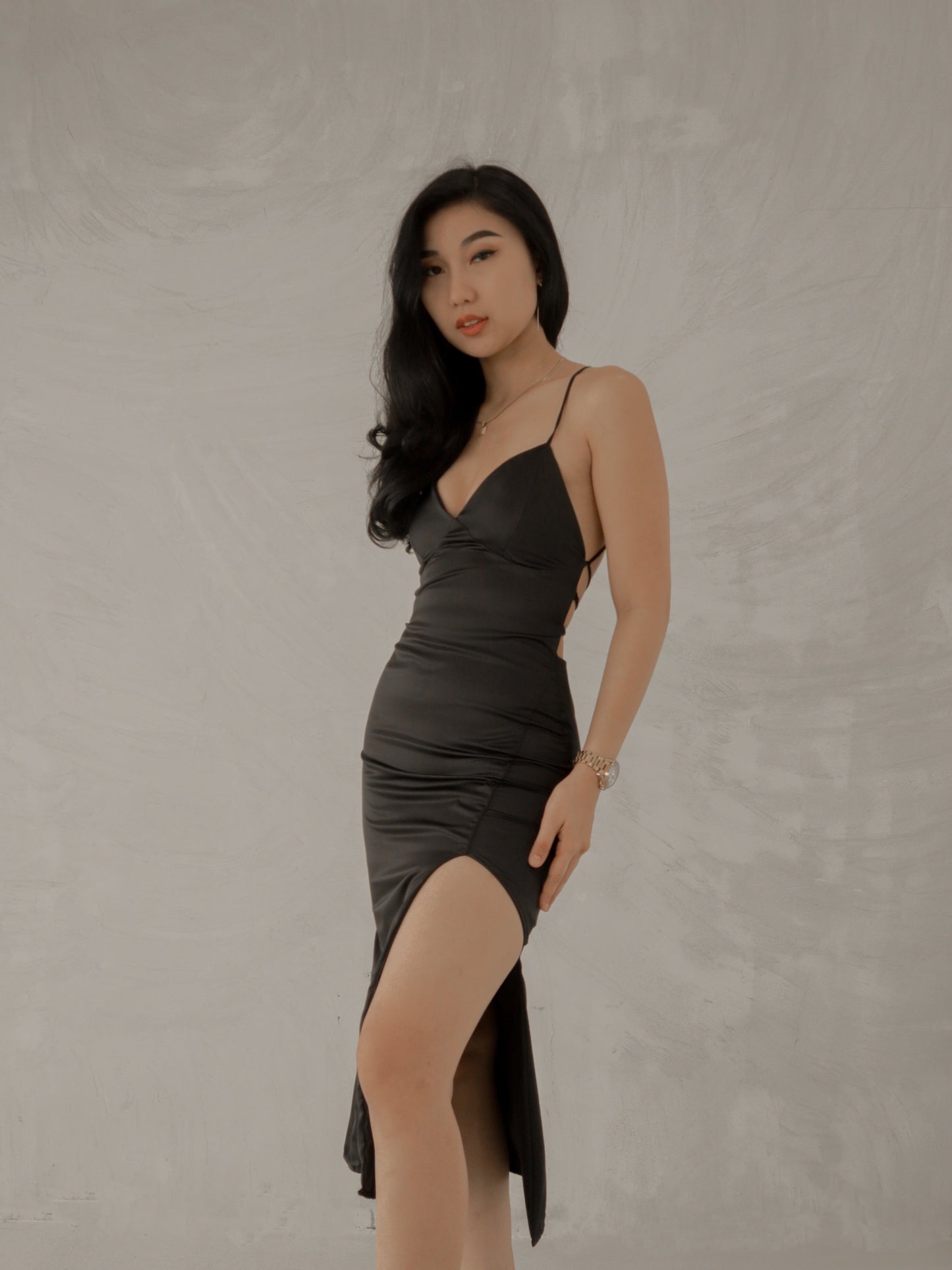 Tiffany Plunging Satin Midi Dress in Black
