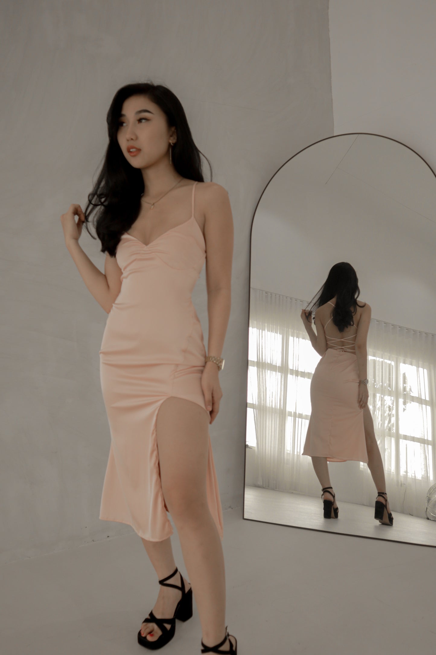 Tiffany Plunging Satin Midi Dress in Dusty Pink