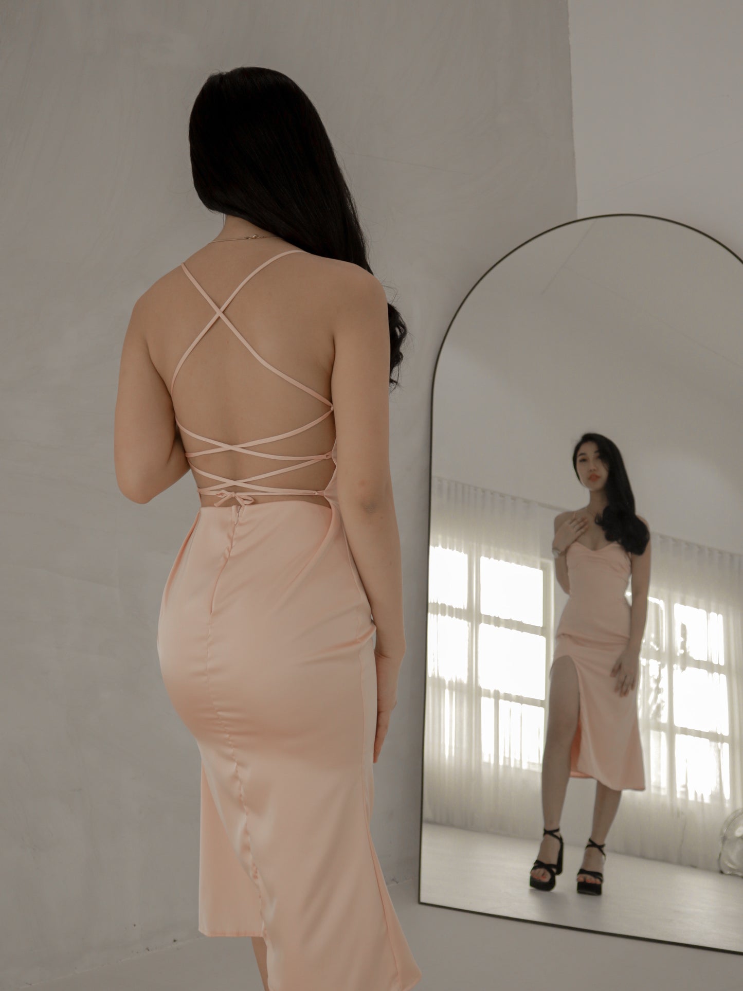 Tiffany Plunging Satin Midi Dress in Dusty Pink