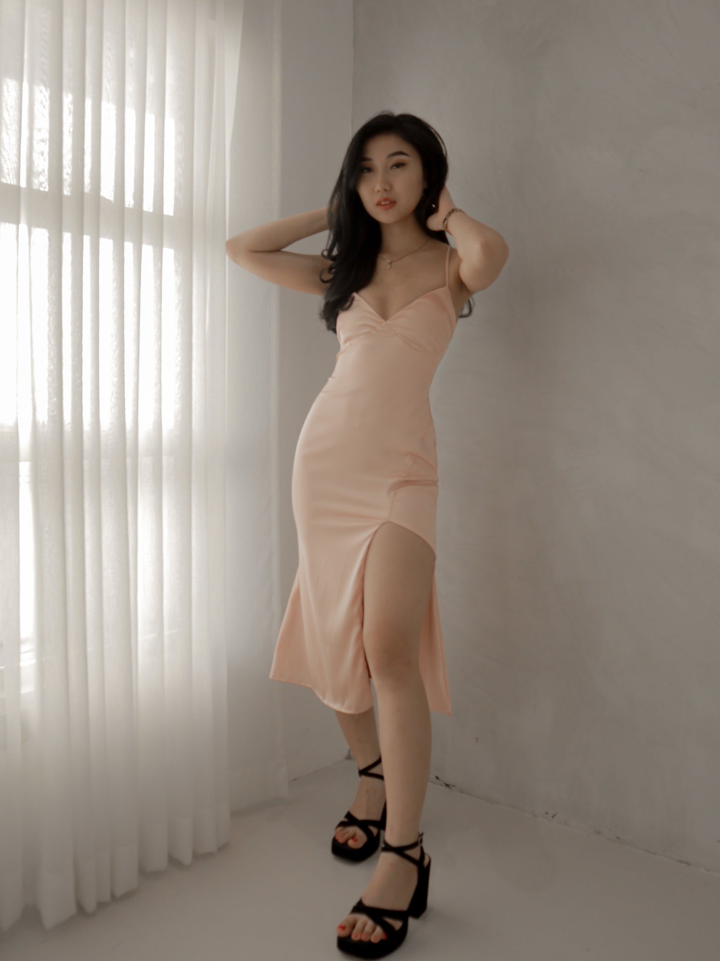 Tiffany Plunging Satin Midi Dress in Dusty Pink