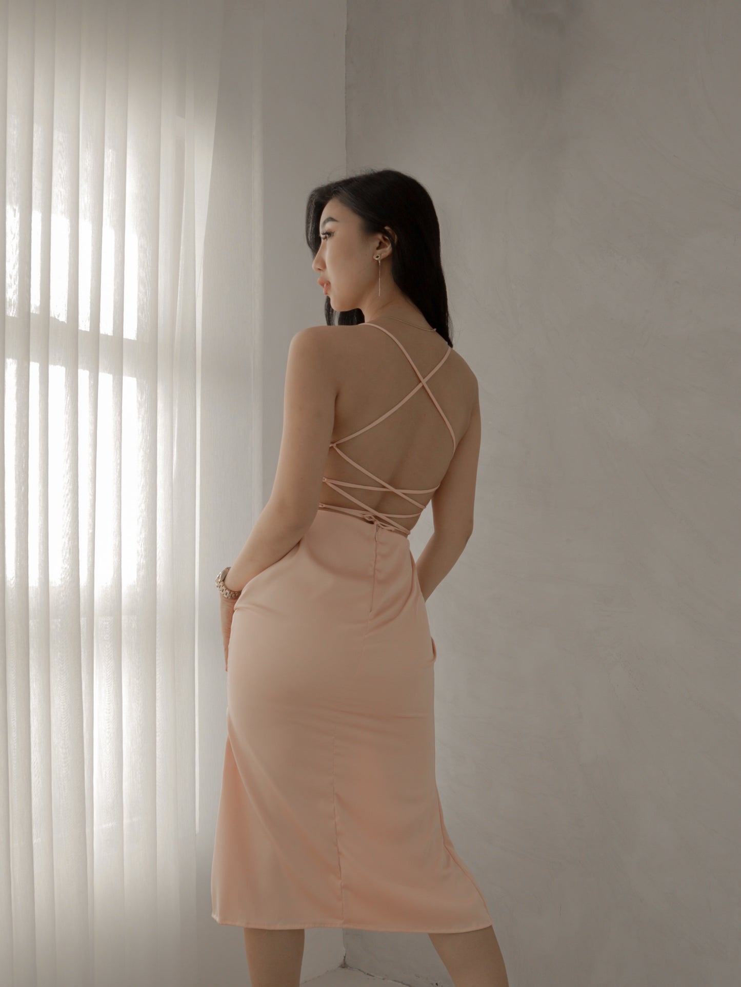 Tiffany Plunging Satin Midi Dress in Dusty Pink
