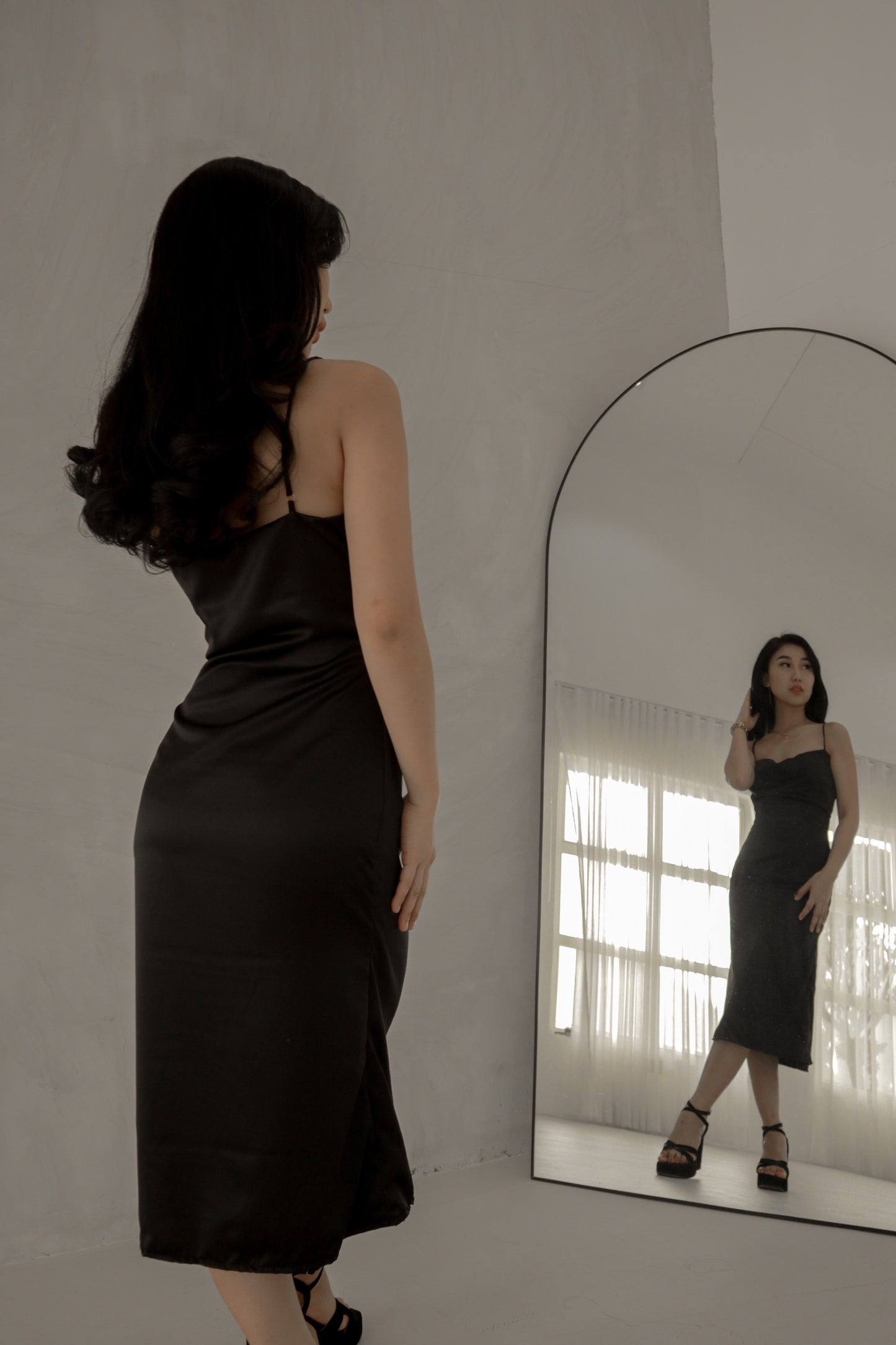 Odessa Cowl Neck Satin Midi Dress in Black