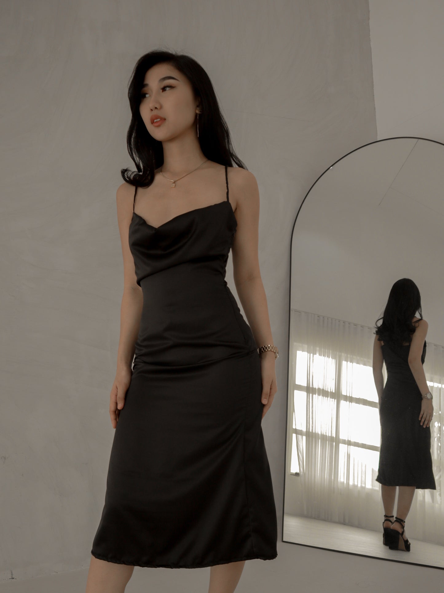 Odessa Cowl Neck Satin Midi Dress in Black