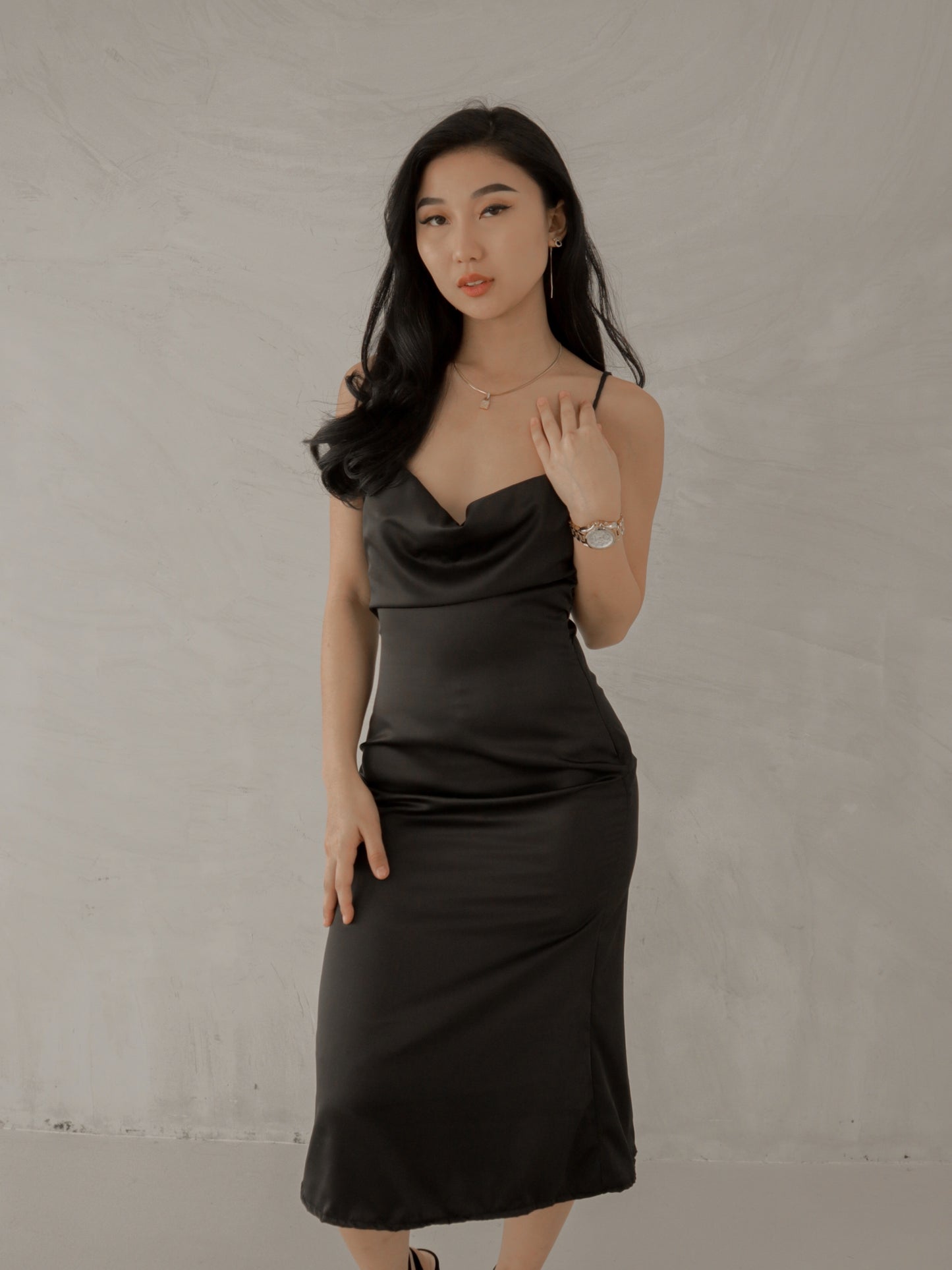 Odessa Cowl Neck Satin Midi Dress in Black