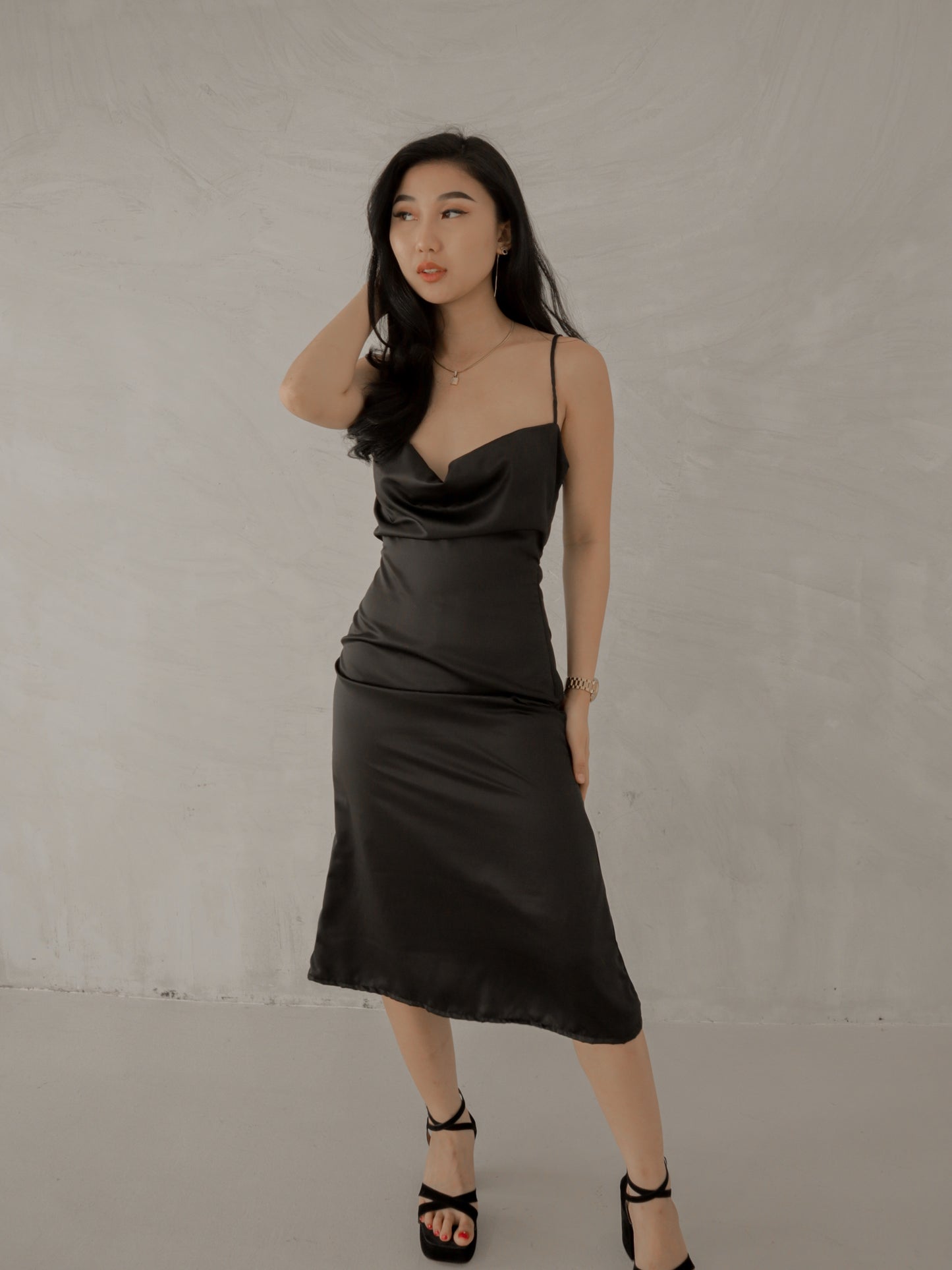 Odessa Cowl Neck Satin Midi Dress in Black