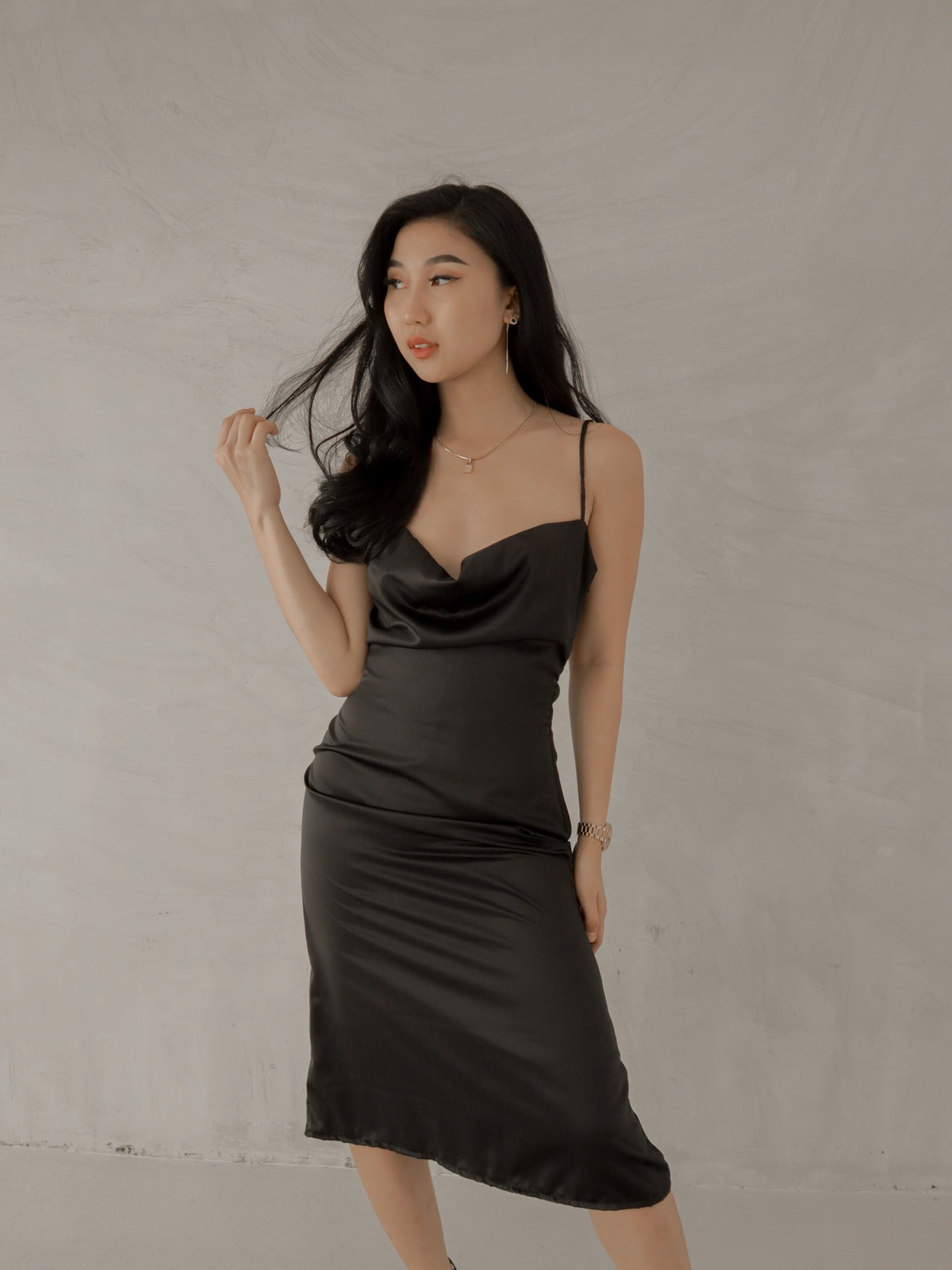 Odessa Cowl Neck Satin Midi Dress in Black