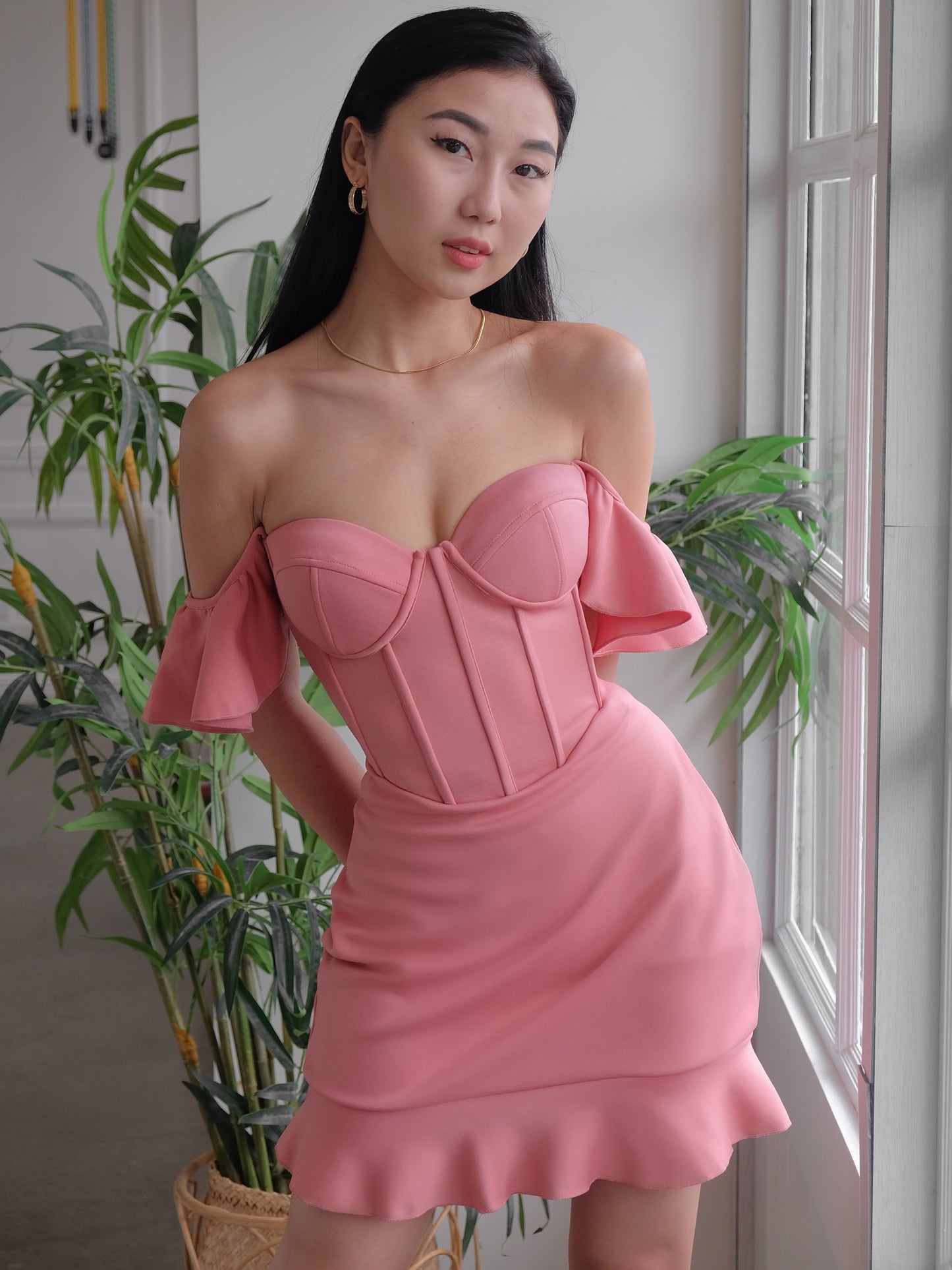 Heather Clothing Bustier Flounce Mini Dress in Rose Pink