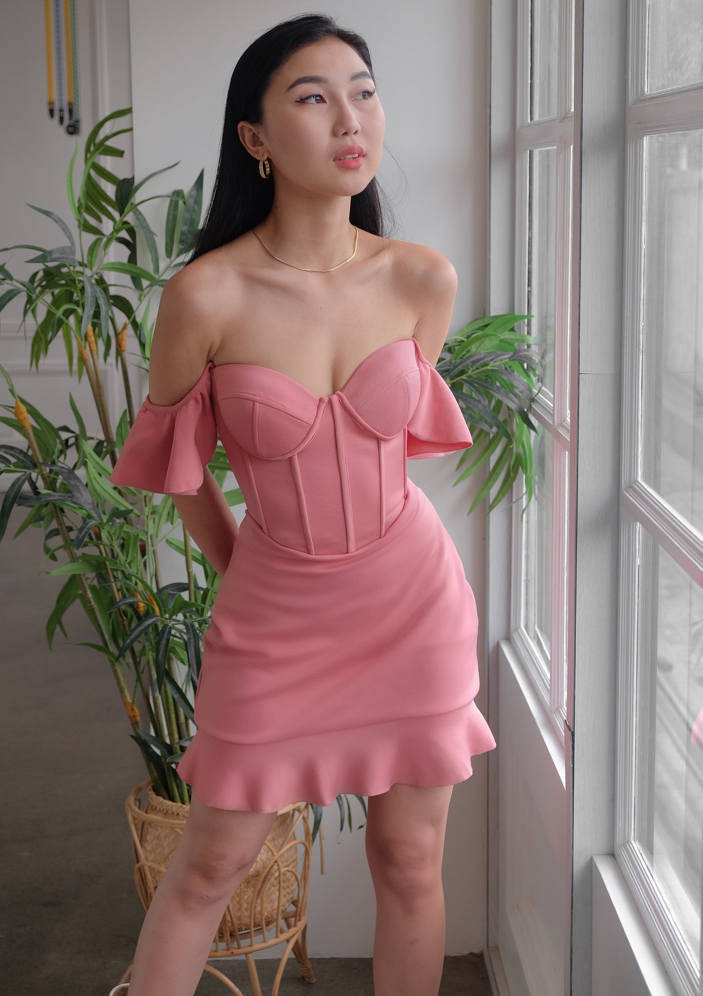 Heather Clothing Bustier Flounce Mini Dress in Rose Pink
