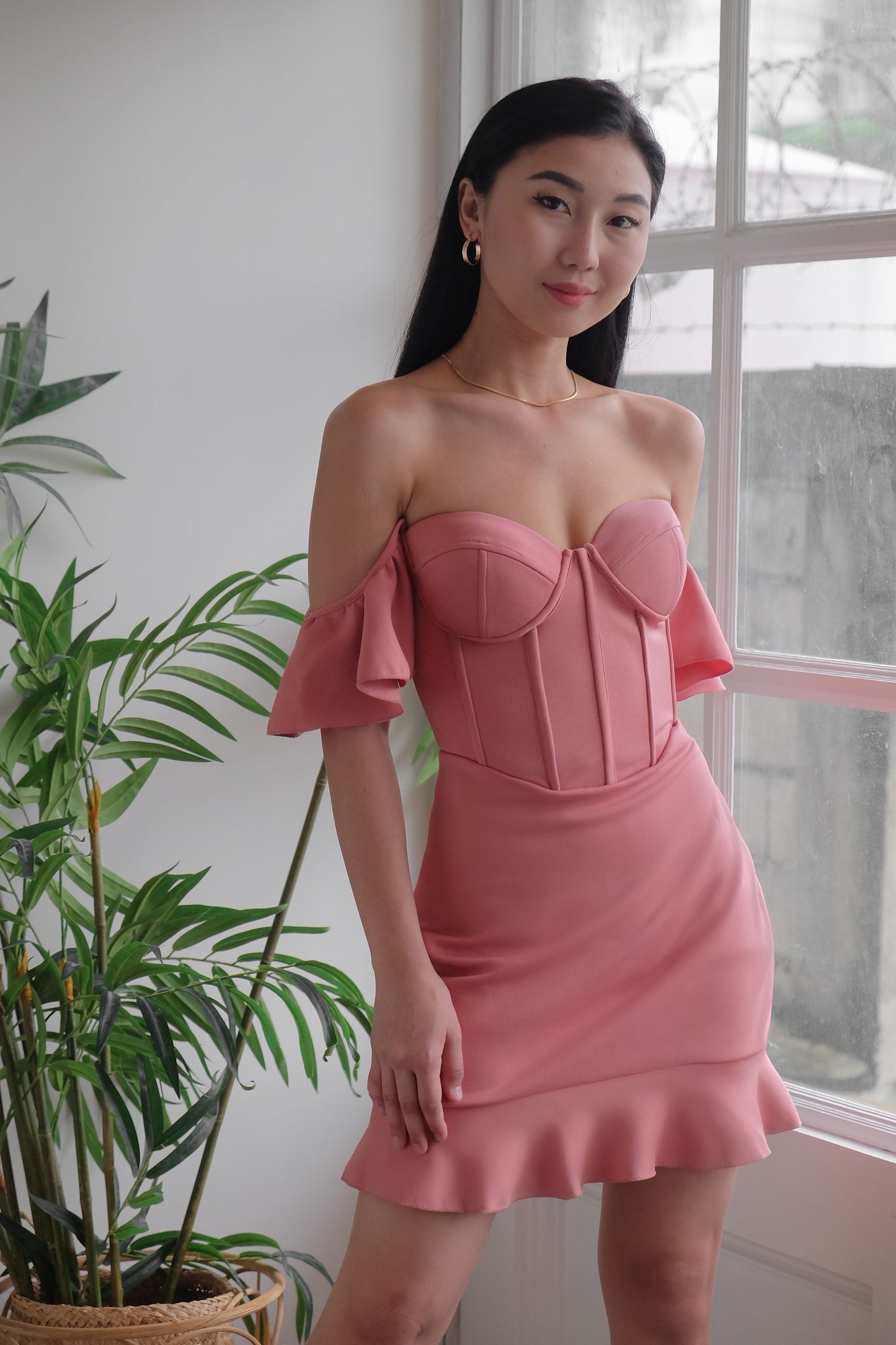 Heather Clothing Bustier Flounce Mini Dress in Rose Pink